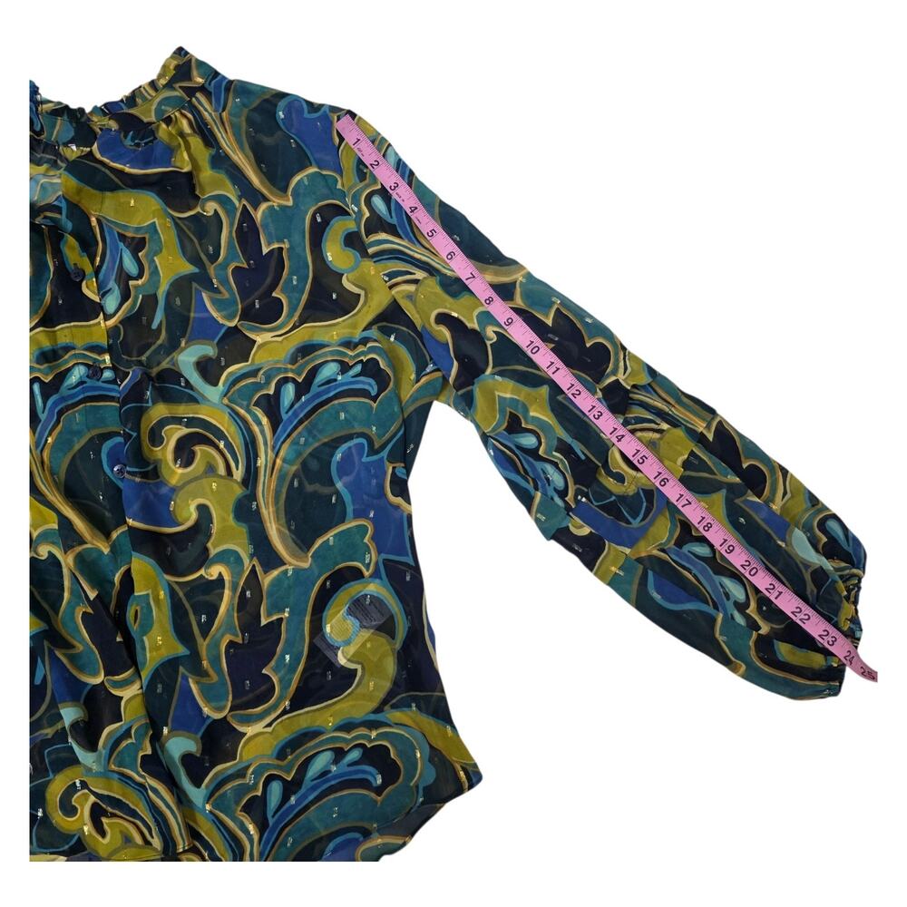 Chico’s Abstract Print Sheer Blouse Blue Green Yellow Ruffle Neck Metal Size L - Picture 6 of 8